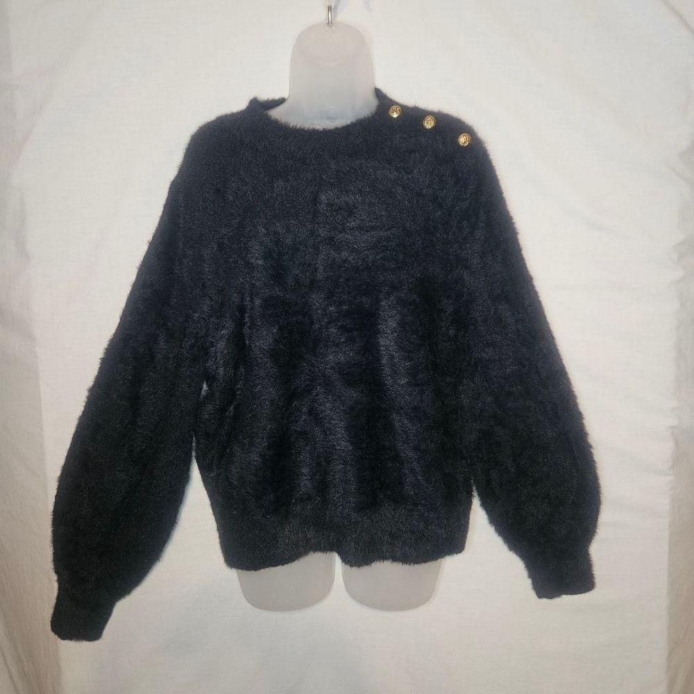 NWOT Banana Republic Black Fuzzy Eyelash Puff-Sleeve Shoulder Button Sweater
